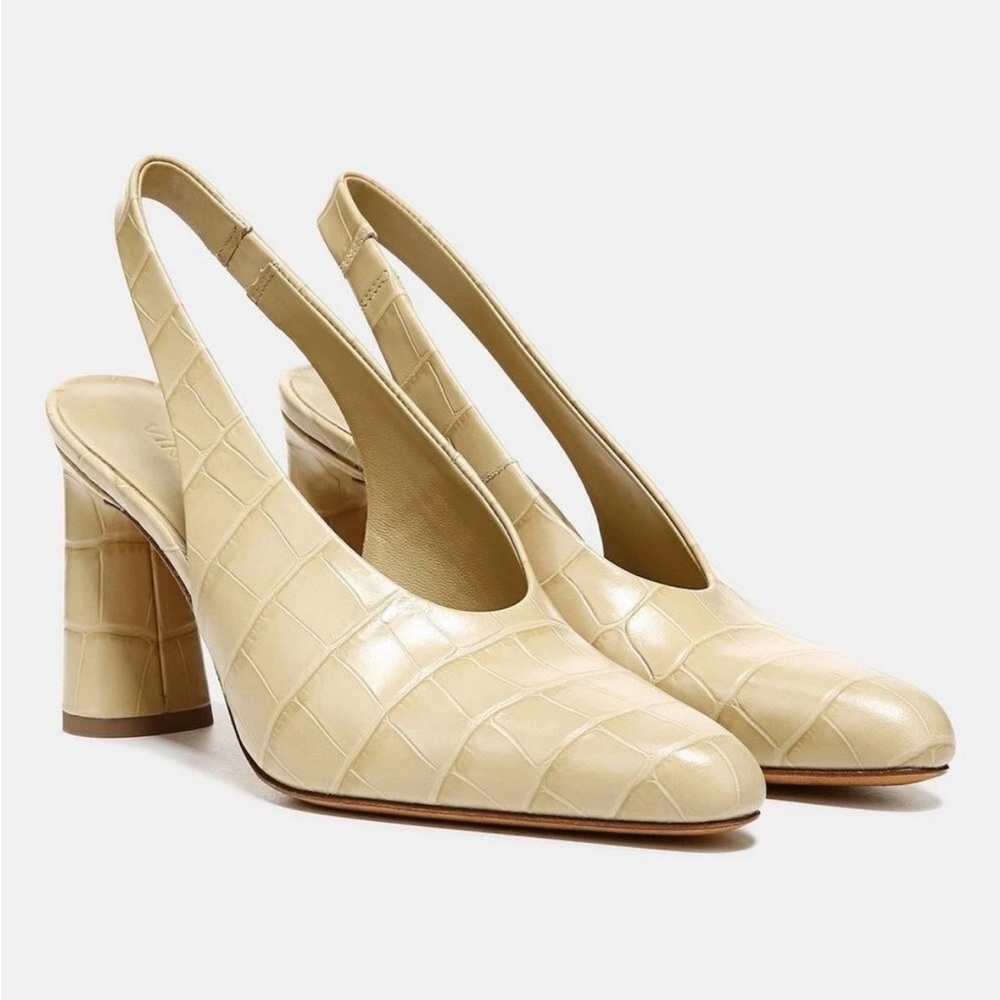 Vince Women’s Hellen Slingback Pumps in Farro Beige, Croc-Embossed Block Heel